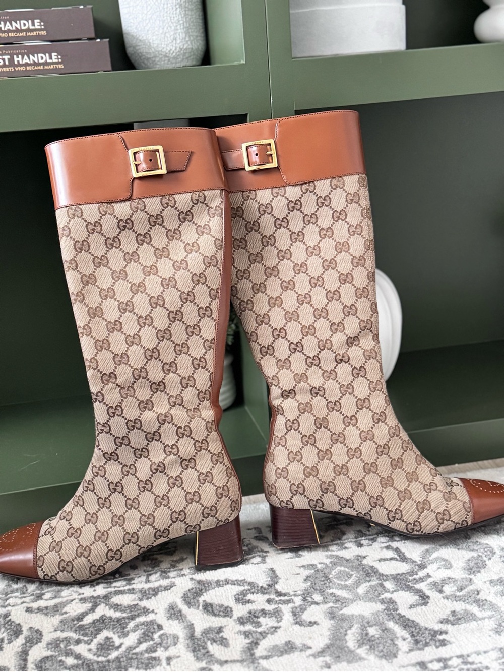 Gucci Tan/Brown GG Canvas Knee Boots with Leather Trim